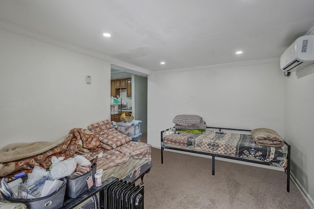 interior space with a wall mounted air conditioner, carpet floors, ornamental molding, and recessed lighting