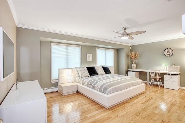 bedroom with ornamental molding, light wood-style floors, and a baseboard radiator