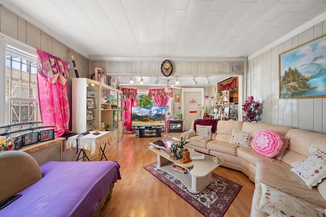 living room featuring crown molding and wood finished floors