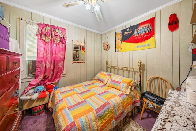 bedroom featuring carpet, crown molding, and ceiling fan