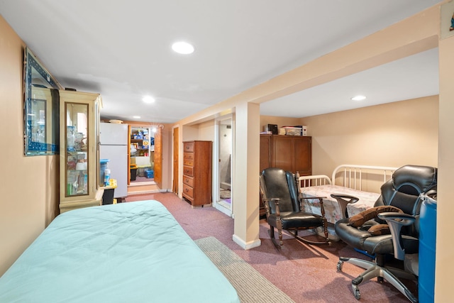 bedroom featuring recessed lighting, carpet, baseboards, and freestanding refrigerator