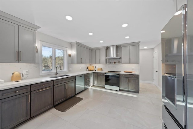 kitchen featuring a sink, open shelves, stainless steel appliances, wall chimney exhaust hood, and light countertops