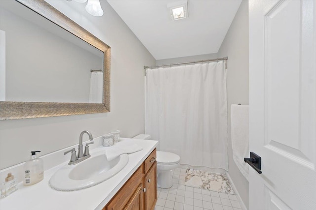 full bathroom featuring vanity, a shower with shower curtain, toilet, and tile patterned flooring