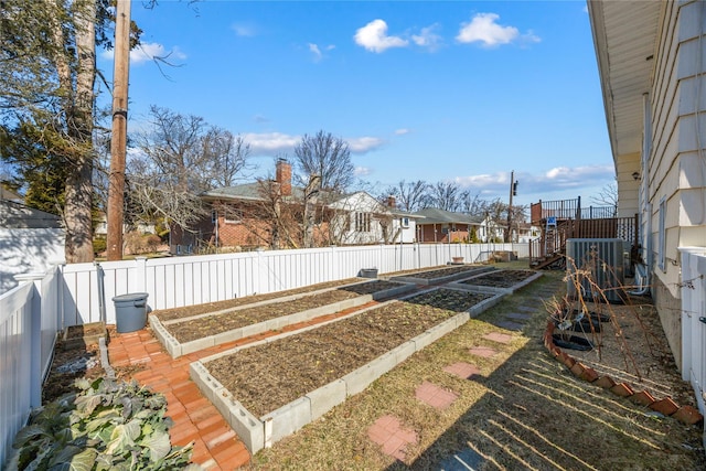 view of yard featuring central air condition unit, a vegetable garden, and a fenced backyard