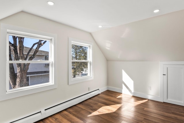 bonus room with lofted ceiling, recessed lighting, wood finished floors, and baseboard heating