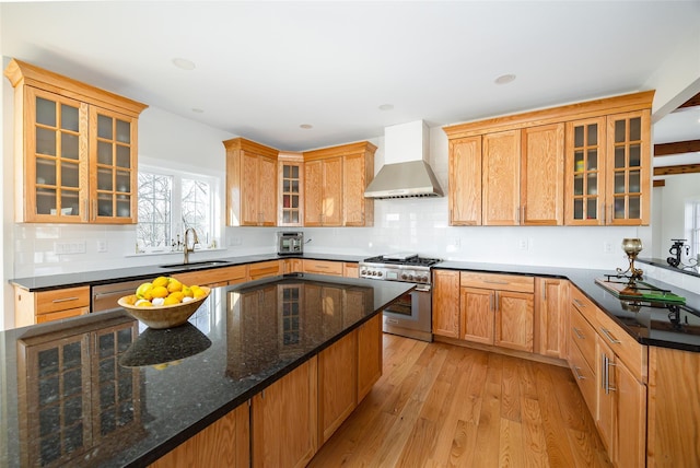 kitchen featuring light wood finished floors, dark stone counters, a sink, stainless steel appliances, and wall chimney exhaust hood