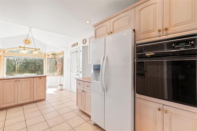 kitchen featuring black oven, white refrigerator with ice dispenser, light countertops, light tile patterned floors, and lofted ceiling