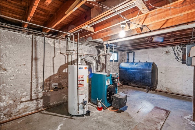 below grade area with gas water heater, heating fuel, and a heating unit