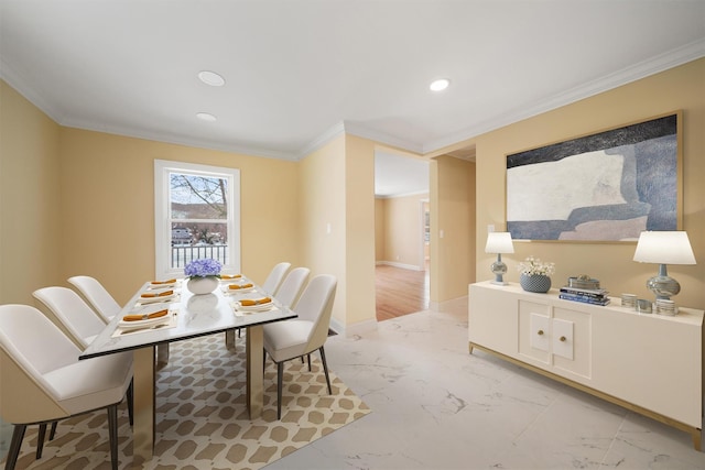 dining space with crown molding, recessed lighting, baseboards, and marble finish floor