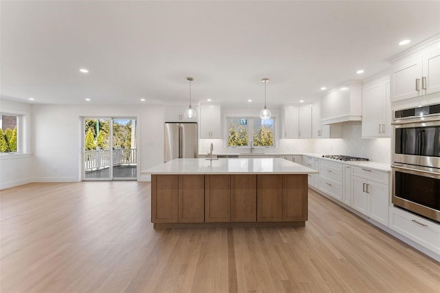 kitchen featuring premium range hood, a sink, appliances with stainless steel finishes, light countertops, and decorative backsplash