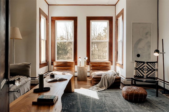 interior space with wood finished floors and crown molding