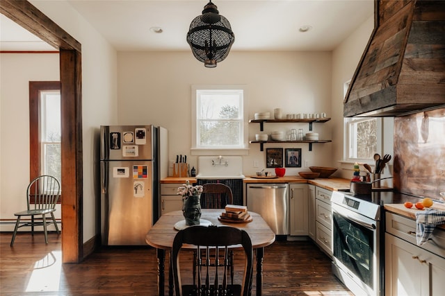 kitchen with a baseboard radiator, custom exhaust hood, appliances with stainless steel finishes, and dark wood-style flooring