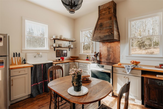 kitchen featuring wood counters, premium range hood, wood-type flooring, and stainless steel appliances