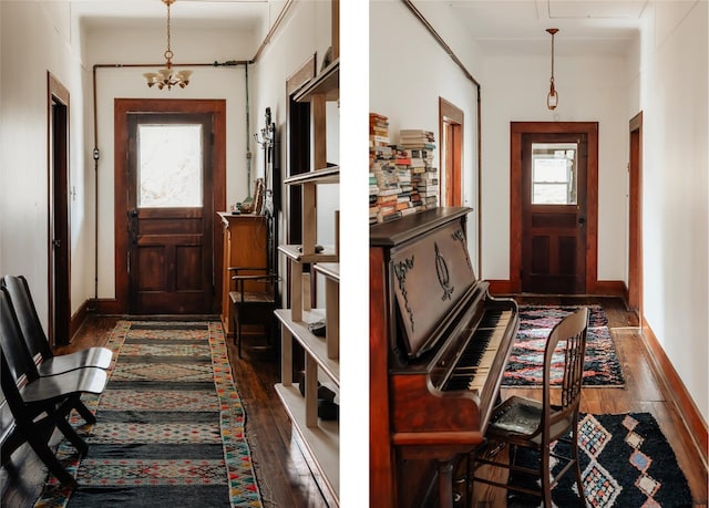 foyer entrance with dark wood-type flooring and baseboards