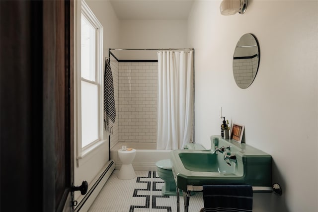 bathroom featuring a baseboard heating unit, toilet, shower / bath combo with shower curtain, and tile patterned flooring