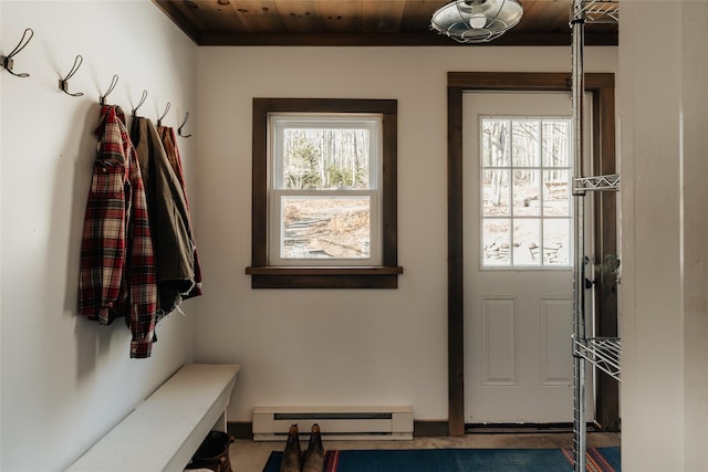 mudroom with a baseboard radiator and wood ceiling