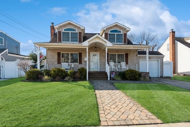 view of front facade with a front lawn, fence, a porch, a chimney, and driveway