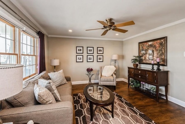 living area featuring baseboards, wood finished floors, and crown molding