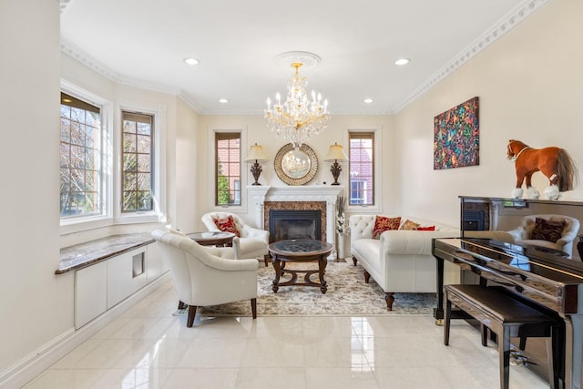 living area with plenty of natural light, crown molding, and an inviting chandelier