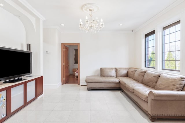 living room featuring recessed lighting, a chandelier, baseboards, and ornamental molding