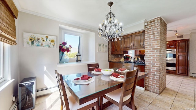 dining space with light tile patterned floors, a baseboard heating unit, visible vents, and ornamental molding