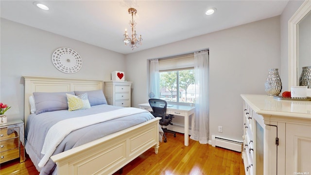 bedroom with recessed lighting, light wood-type flooring, baseboard heating, and a notable chandelier