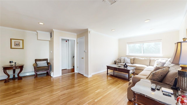 living area featuring visible vents, ornamental molding, recessed lighting, light wood finished floors, and baseboards