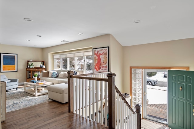 foyer featuring recessed lighting, wood finished floors, and visible vents