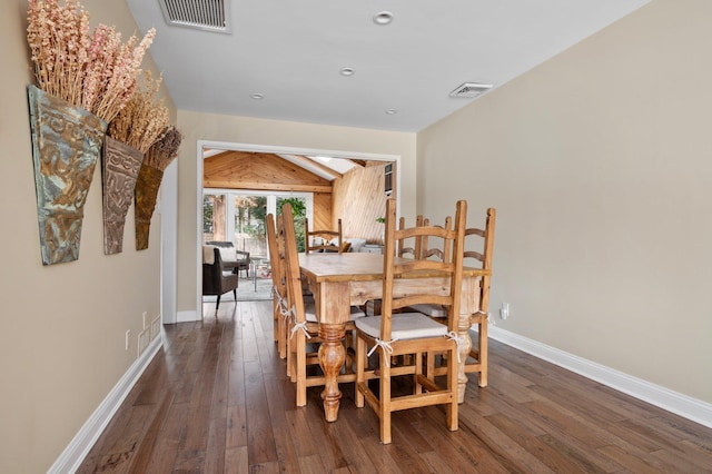 dining room featuring visible vents, baseboards, and dark wood-style floors