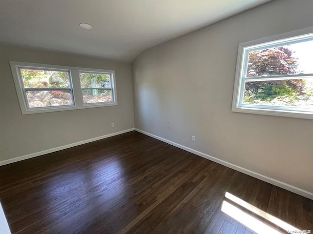 empty room featuring baseboards, dark wood-type flooring, a healthy amount of sunlight, and vaulted ceiling