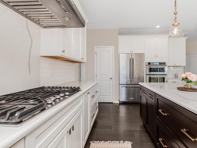 kitchen with dark wood-style floors, appliances with stainless steel finishes, white cabinetry, exhaust hood, and tasteful backsplash