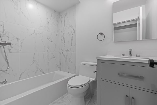 full bathroom featuring vanity, toilet, washtub / shower combination, and marble finish floor