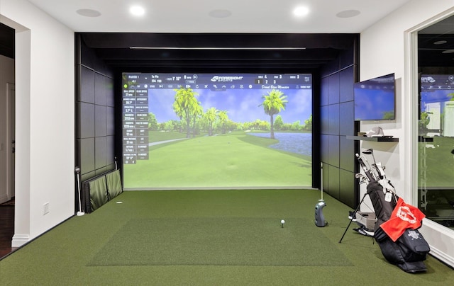 playroom with golf simulator and carpet