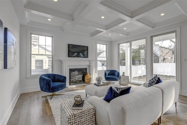 living room with a fireplace, beamed ceiling, a healthy amount of sunlight, and light wood finished floors