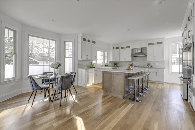 kitchen with backsplash, a kitchen island, light wood-type flooring, light countertops, and wall chimney exhaust hood