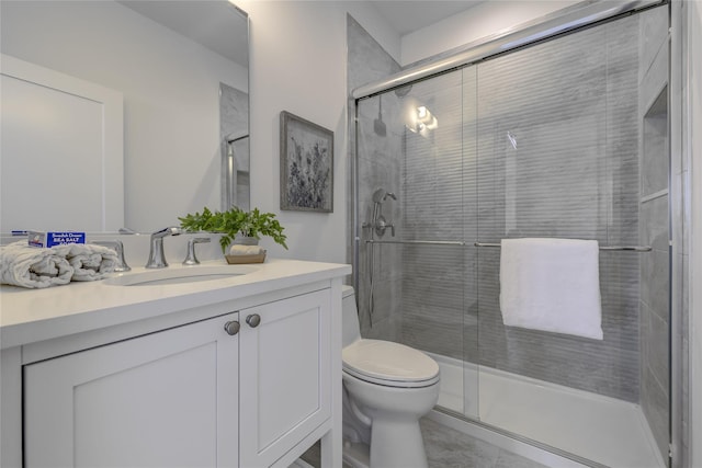 bathroom featuring a shower stall, toilet, and vanity