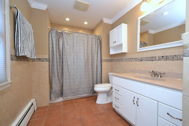 bathroom featuring tile patterned flooring, crown molding, tile walls, and a baseboard heating unit