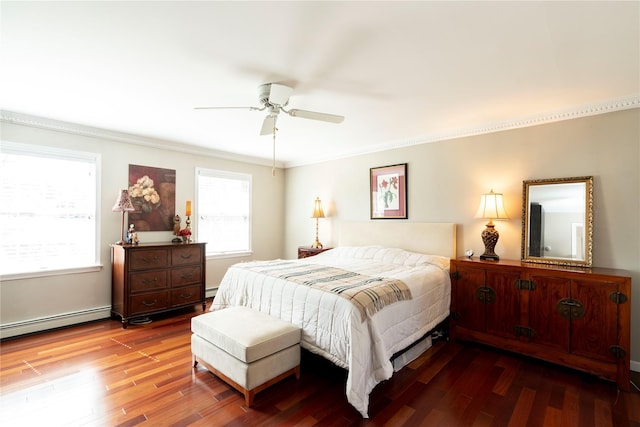 bedroom with a baseboard radiator, crown molding, ceiling fan, and wood finished floors