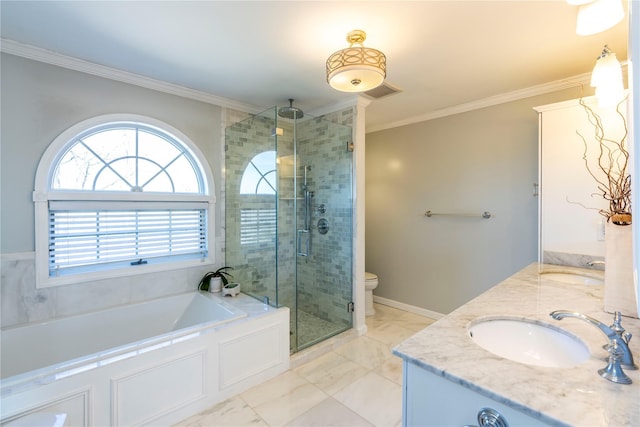 full bath with a shower stall, crown molding, a garden tub, double vanity, and a sink