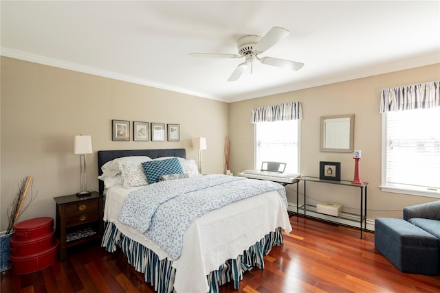 bedroom featuring a ceiling fan, wood finished floors, and ornamental molding