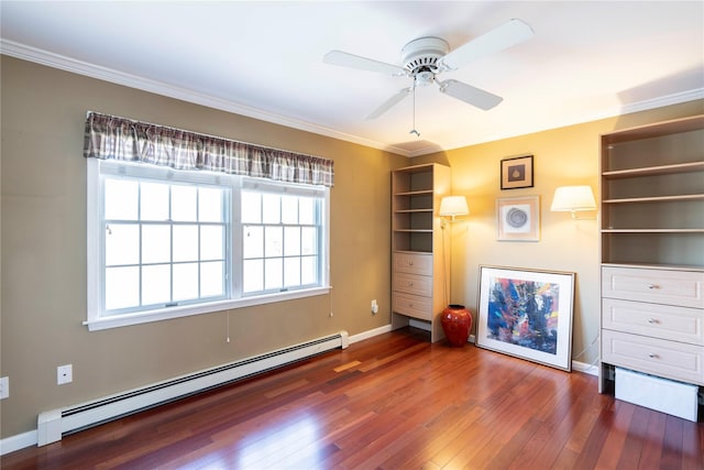 interior space with a ceiling fan, hardwood / wood-style flooring, crown molding, a baseboard radiator, and baseboards