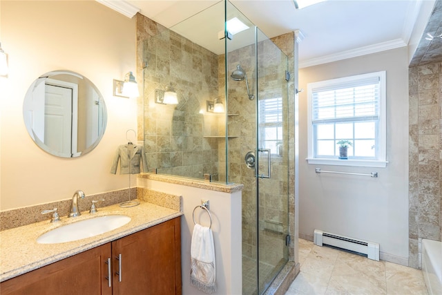 bathroom featuring vanity, baseboards, a baseboard radiator, ornamental molding, and a shower stall