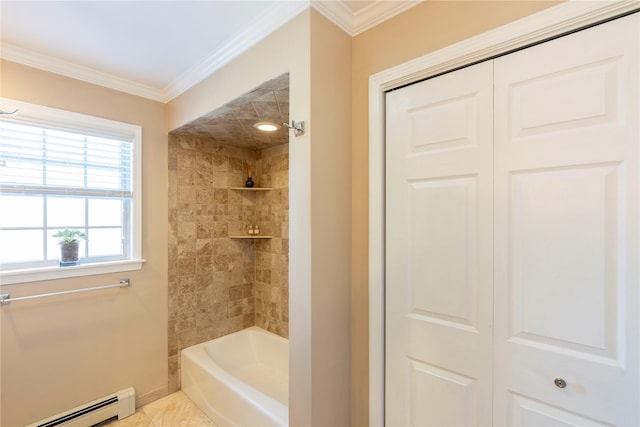 bathroom featuring tile patterned floors, crown molding, a baseboard radiator, baseboards, and bathtub / shower combination