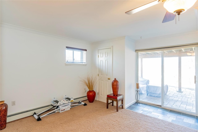 exercise area with a baseboard heating unit, carpet, and ornamental molding