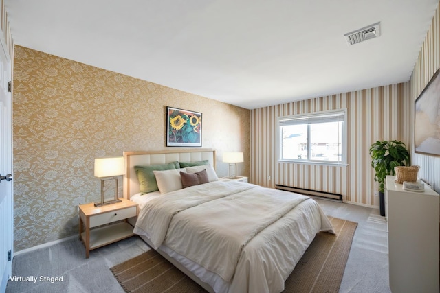 bedroom featuring baseboards, visible vents, a baseboard radiator, wallpapered walls, and light carpet