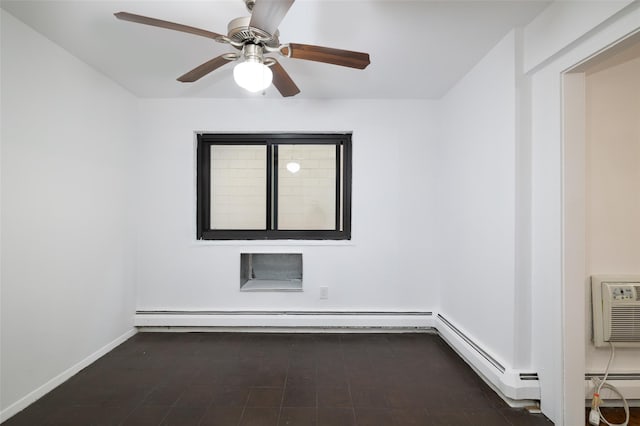 empty room with a baseboard heating unit, a ceiling fan, baseboards, and a baseboard radiator