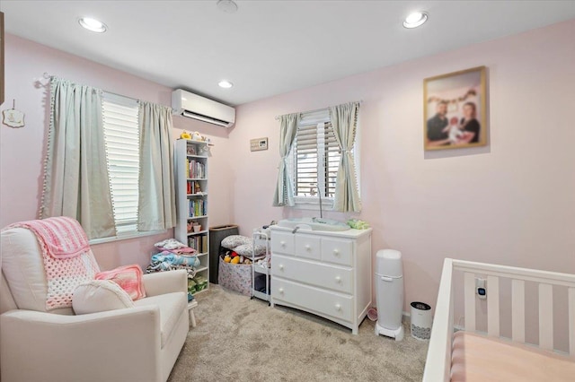 carpeted bedroom featuring a wall unit AC and recessed lighting