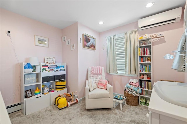 recreation room featuring a baseboard heating unit, an AC wall unit, carpet floors, recessed lighting, and a sink