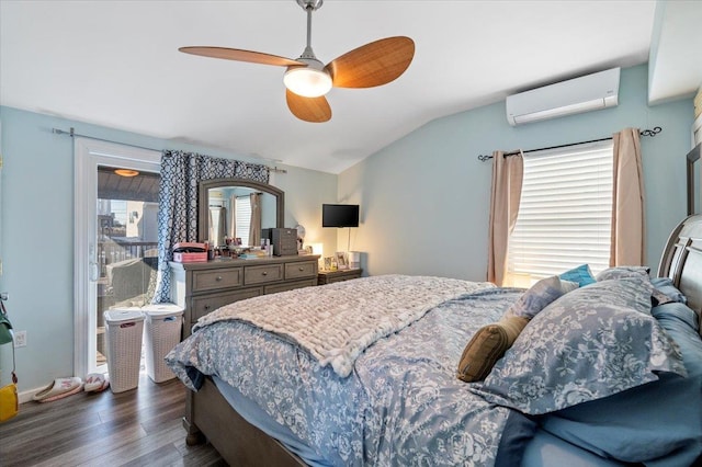 bedroom featuring a ceiling fan, a wall unit AC, wood finished floors, and lofted ceiling