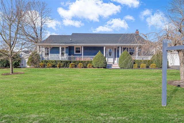 single story home featuring a front lawn, covered porch, roof with shingles, and a chimney